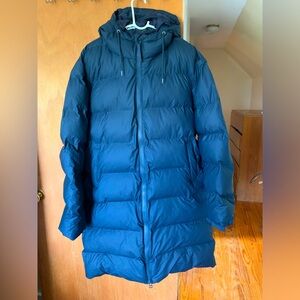 BNWT Rains Brand Puffy Long Coat in Slate Blue Navy